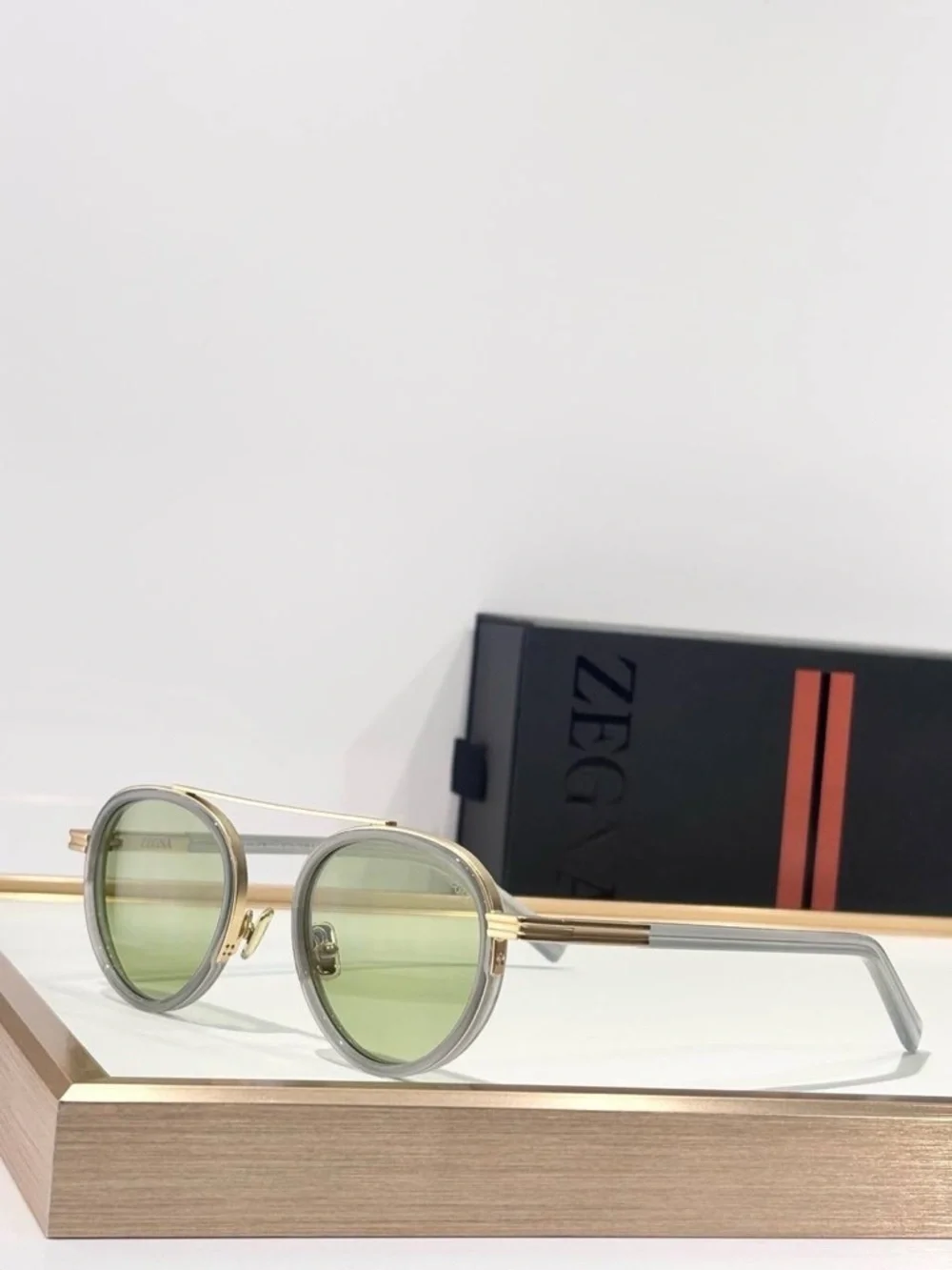 Ermenegildo Zegna Gold-Trim Round Sunglasses with Green Lenses